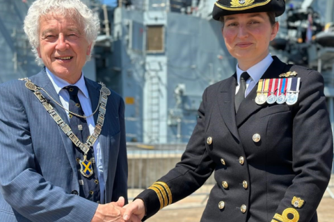 Mayor Anthony Rowlands with HMS St Albans' Commanding Officer, Commander Helen Coxon