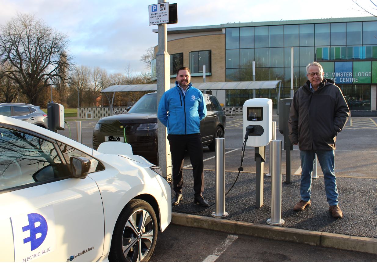 Cllr Chris White and Electric Blue CEO Dan O’Hara at the Westminster Lodge charging points