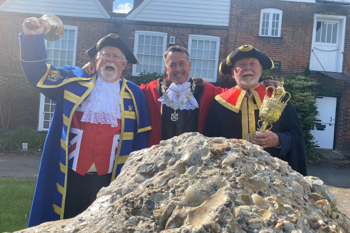 The Mayor, Cllr Edgar Hill, centre, with Stephen Potter, left, as town crier, and John Hills, right, as Macebearer.
