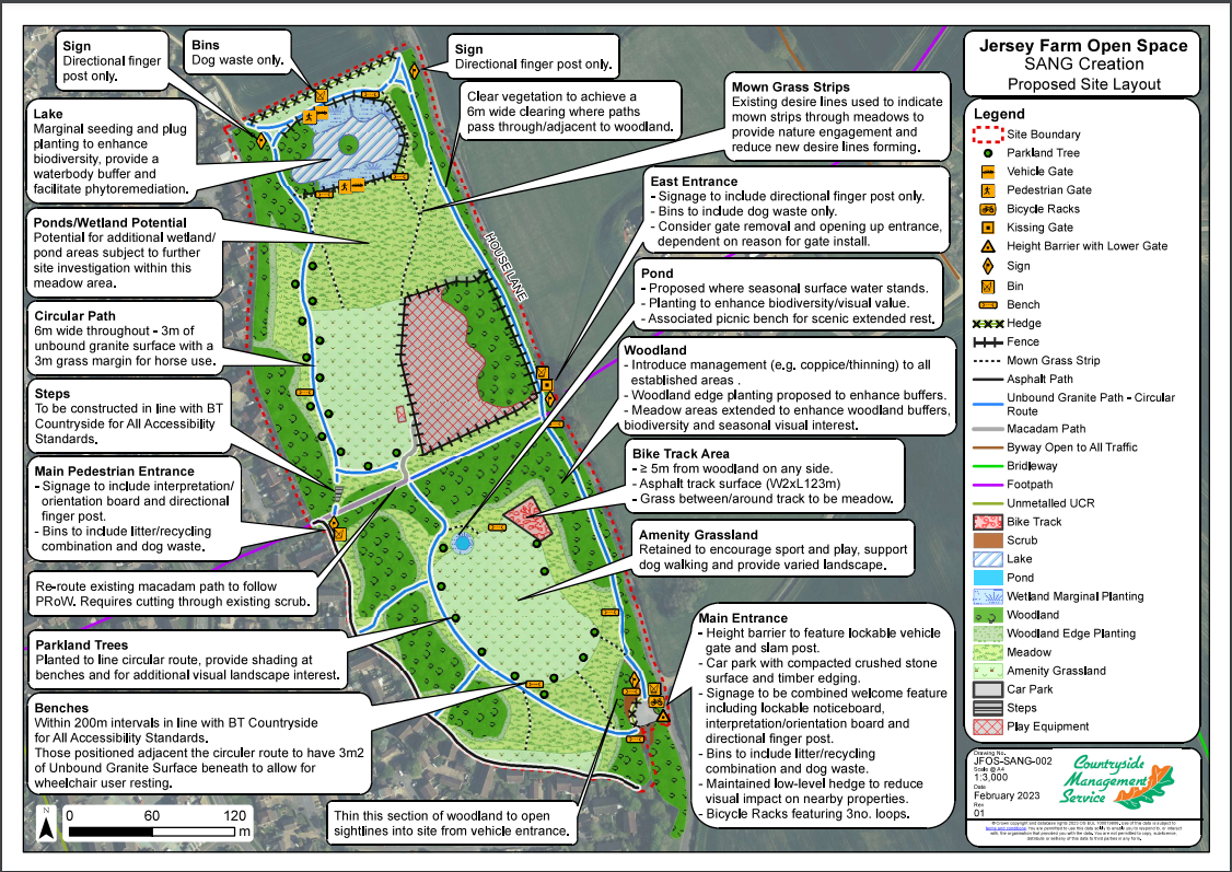 Graphic showing a plan of Jersey Farm Open Space and the intended improvements