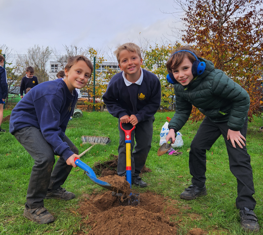 Veolia Orchard tree planting at Roundwood Primary School, Harpenden, in 2022.