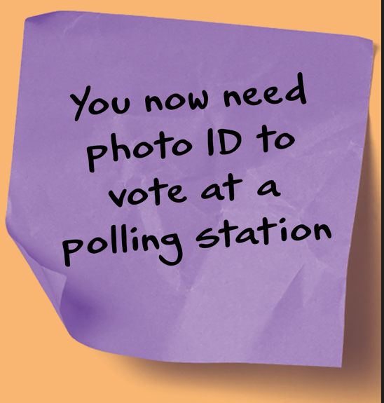 Poster reminding people of the photo ID requirement for voting at a polling station
