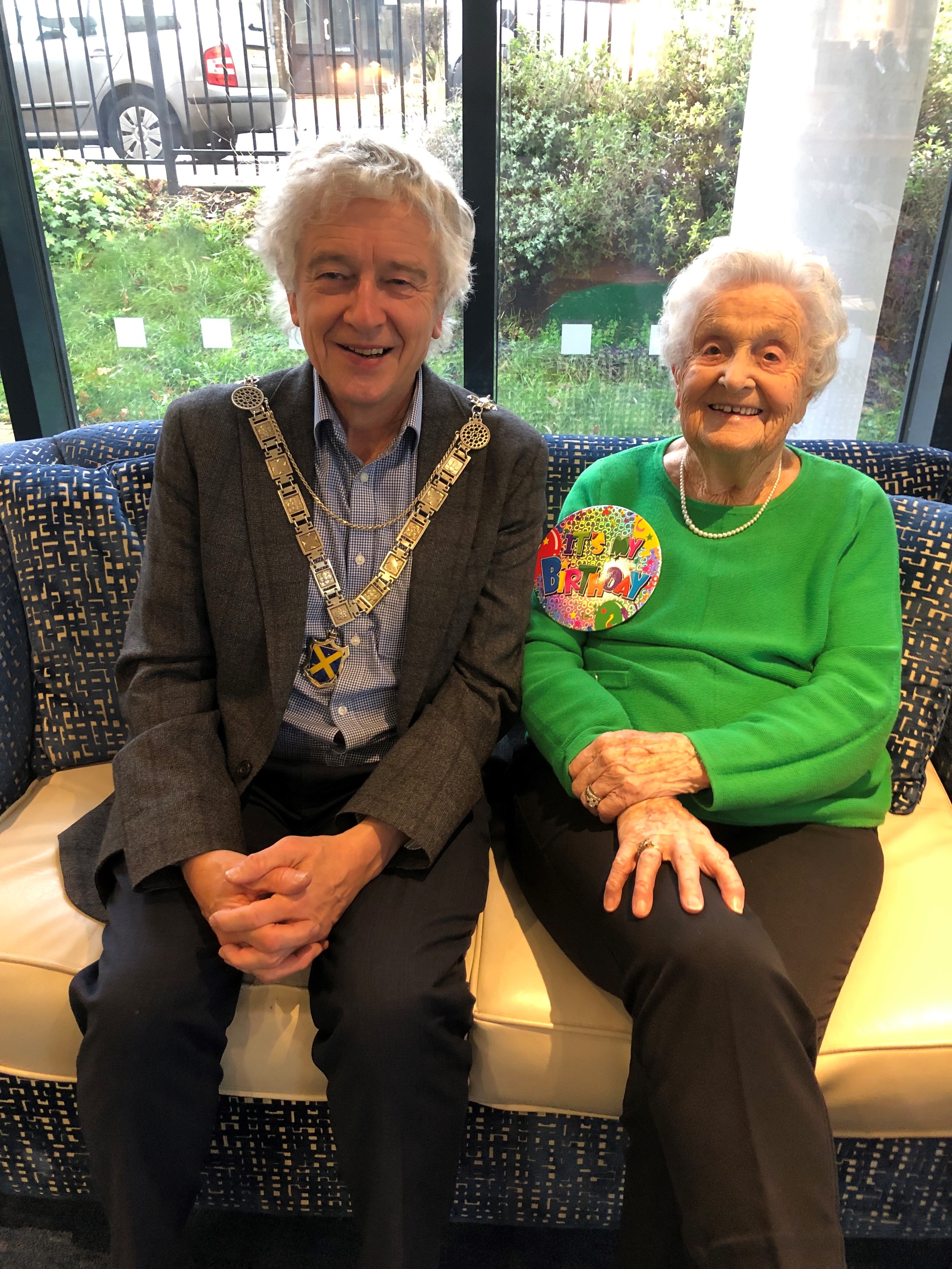 The Mayor, Cllr Anthony Rowlands, with resident Amelia 'Mim' Neal, celebrating her 106th birthday