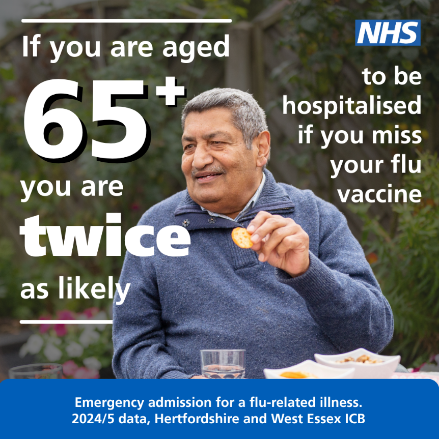 Image promoting the flu vaccine, especially for older people.