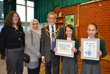 The Mayor of the City and District of St Albans, Councillor Mohammad Iqbal Zia, pictured with the Head Teacher of Oakwood School, Zoe Buckley;  Mayoress Farhat Zia; Siobhan, and Ruby.