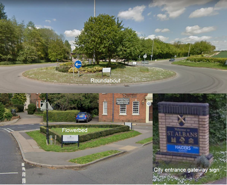 Example of a roundabout, flowerbed and city entrance gateway sign available for sponsorship