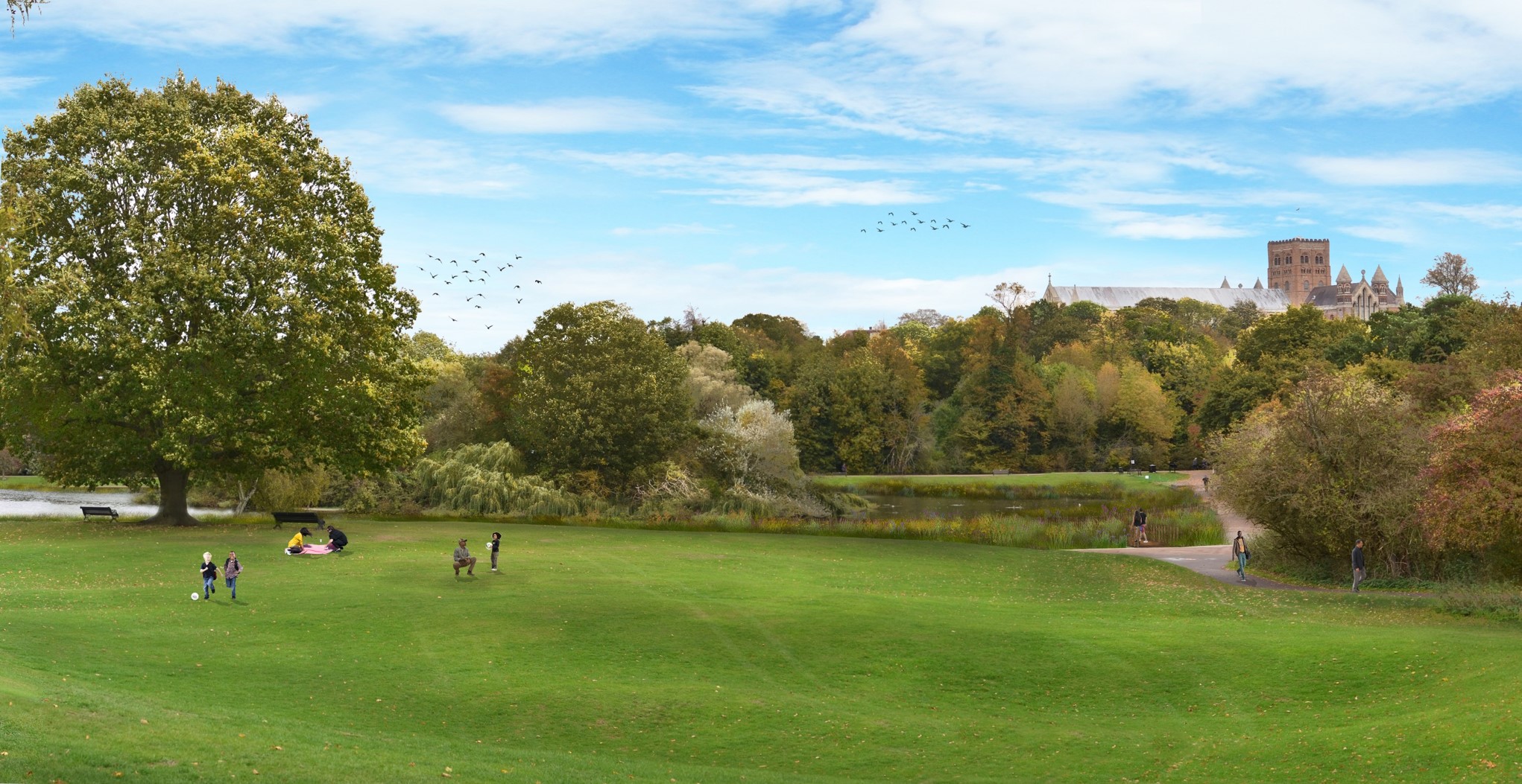 Picture of the potential re-landscaped lake – with caption ‘Artist impression looking northwards from the Causeway towards Verulamium Park lakes’