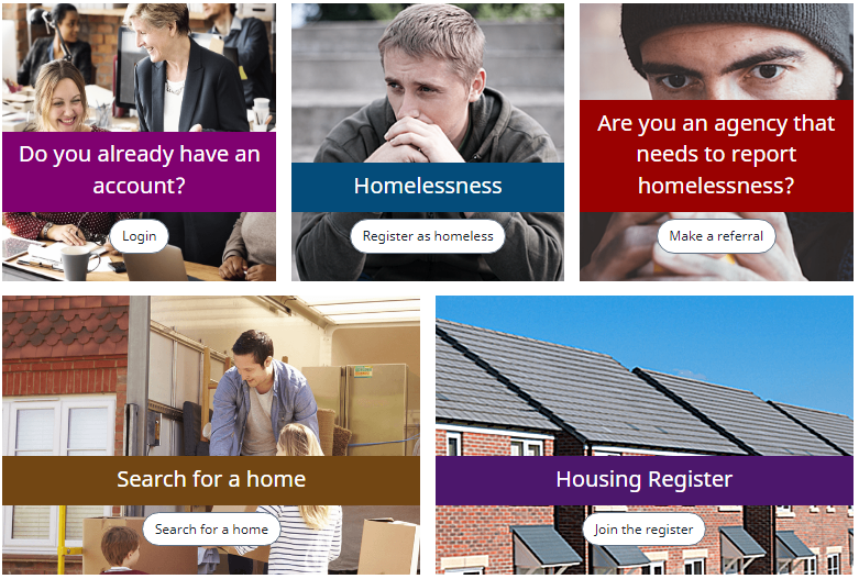 Shows the St Albans Home Choice webpage. Join the housing register is bottom right. Login to your account is top right