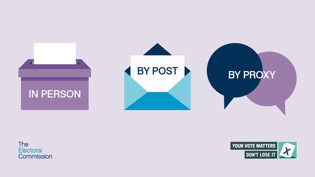 Electoral Commission graphic: Your vote matters. Vote in person, by post, or by proxy