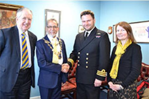 Welcoming the Captain of HMS St Albans, Commander Chris Ansell, to St Albans were the Mayor of the City and District of St Albans, Councillor Mohammad Iqbal Zia, Lord McNally and the Chief Executive of St Albans City and District Council, Amanda Foley.