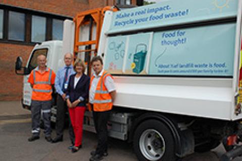 Cllr Alec Campbell, and Environmental Portfolio Holder, Cllr Frances Leonard, pictured with waste operatives, Derek Valerio (left) and Paul Lawrence (right) from the Council’s waste contractor Veolia UK