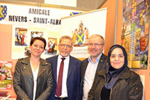 The Mayoress of Nevers, Caroline Marin; the Mayor of the City and District of St Albans, Councillor Mohammad Iqbal Zia; The Mayor of Nevers, Denis Thuriot, and the Mayoress of St Albans, Farhat Zia.