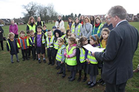 The Right Worshipful Deputy Mayor of the City and District of St Albans, Councillor Jamie Day, at the opening with pupils from Cunningham Hill Infant School. 
