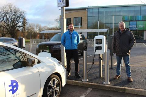 Cllr Chris White and Electric Blue CEO Dan O’Hara at the Westminster Lodge charging points