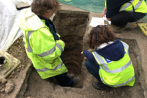 Simon West, District Archaeologist for St Albans City and District Council’s Museums’ Team (left) monitoring the work.