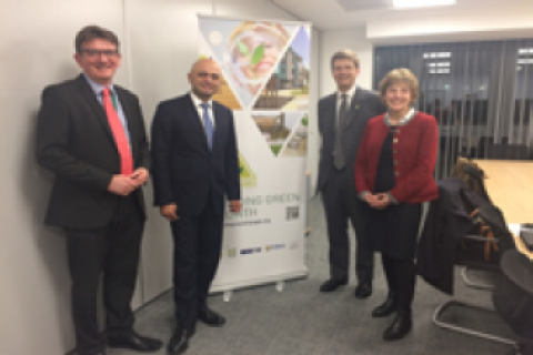 Chris Dunkley, CEO of RoCRE; Sajid Javid, the Secretary of State for Communities and Local Government; Cllr Julian Daly, Leader of St Albans City and District Council and Chair of the Green Triangle and Angela Karp, Director – Science Innovation, Engagement and Partnerships at Rothamsted Research.