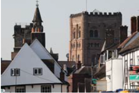 St Albans building, clock tower and cathedral