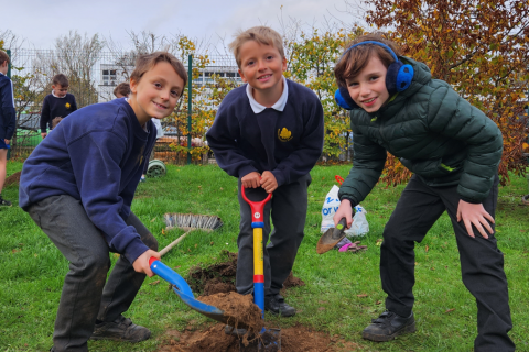Veolia Orchard tree planting at Roundwood Primary School, Harpenden, in 2022.