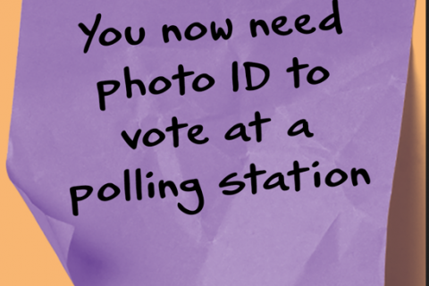Poster reminding people of the photo ID requirement for voting at a polling station