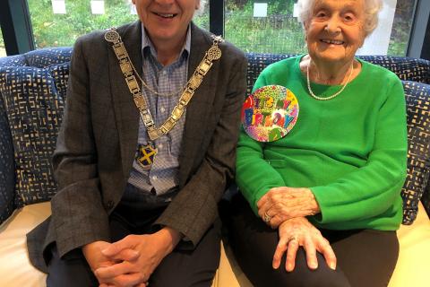 The Mayor, Cllr Anthony Rowlands, with resident Amelia 'Mim' Neal, celebrating her 106th birthday