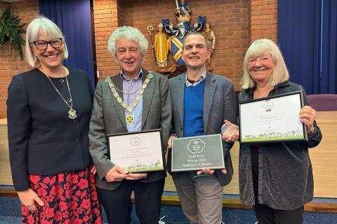 The Mayor, 2nd left, and Mayoress, Annie Stevenson, left, congratulate Pat Schofield, far right, and Redbourn In Bloom Chair, Meirion Anderson